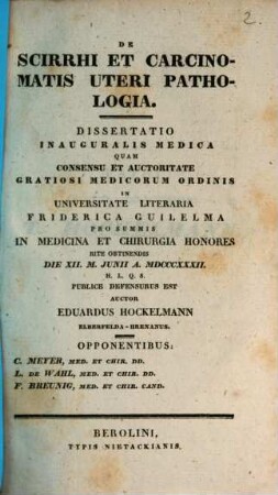 De Scirrhi Et Carcinomatis Uteri Pathologia : Dissertatio Inauguralis Medica