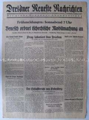 Früh-Ausgabe (Nachrichtenblatt) der "Dresdner Neueste Nachrichten" zur Mobilmachung der Tschechoslowakischen Armee angesichts der drohenden Invasion