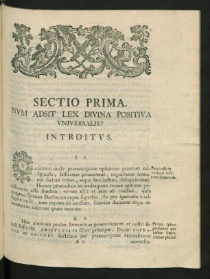 Sectio Prima. Num Adsit Lex Divina Positiva Universalis? Introitus.