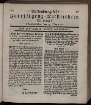 XX. Stück. Sonnabends : den 13. May 1780.