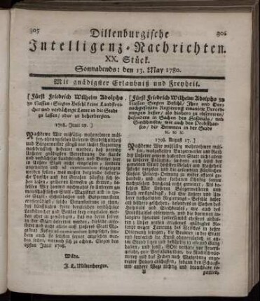 XX. Stück. Sonnabends : den 13. May 1780.