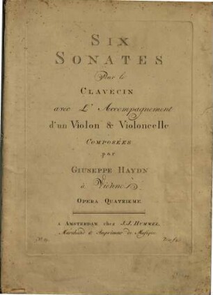 Six sonates pour le clavecin avec l'accompagnement d'un violon & violoncelle : op. 4