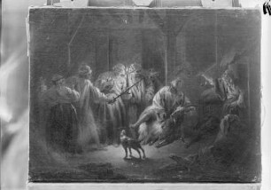 Illustrationen zum "Roman comique" von Scarron — Nächtliche Szene im Stall, Ragotin? auf Ziegenbock reitend