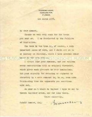 Handsignierter Brief von Lord Beaverbrook an Rudolf Kommer mit Dank für die Übersendung eines Buches