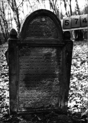 Grabstein 574 (Index: 99753059) Material: Sandstein Zustand: abgeblättert mit Textverlust Maße HxBxT: 110x62x12 cm Beschreibung: Stele, gerader Abschl. mit Rundbogenaufsatz u. Eckakroteren, Schriftfeld eingetieft: Grabstein 574