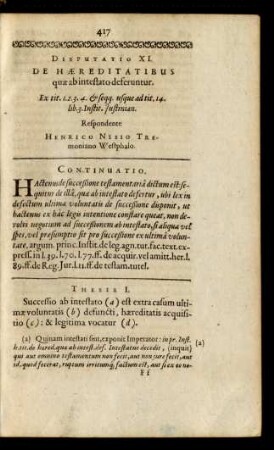 Disputatio XI. De Haereditatibus quae ab intestato deferuntur.