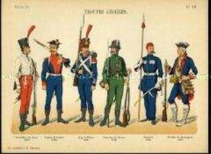Uniformdarstellung, Gemeine verschiedener Leichter Truppen, Frankreich, 1768/1814.