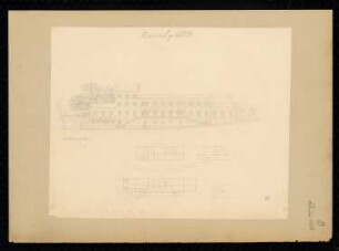 Bahnhof Monatskonkurrenz Februar 1838: Grundriss Erdgeschoss, Obergeschoss, Aufriss Vorderansicht; Maßstabsleiste