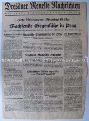 Abendausgabe (Nachrichtenblatt) der "Dresdner Neueste Nachrichten" zur Lage in der Tschechoslowakei am Vorabend des Münchener Abkommens