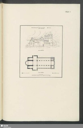 Romanischer Bau. Schaubild und Grundriss (Rückbildung)