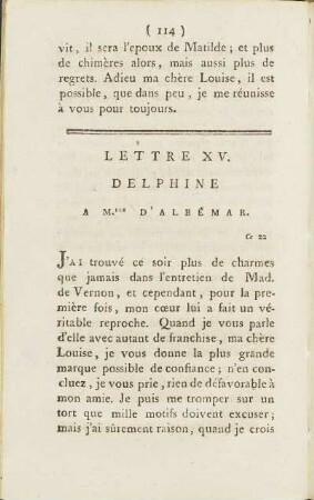 Lettre XV. Delphine A M.lle D'Albémar. Ce 22