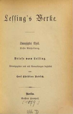 Lessing's Werke, 20,1. 1. Abth. Briefe von Lessing
