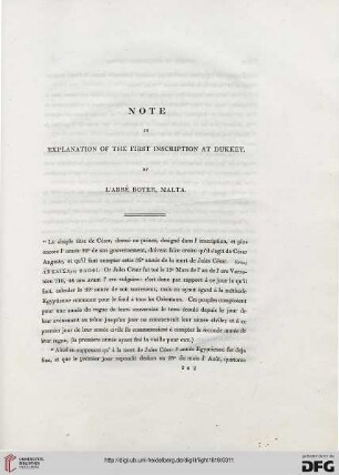 Note in explanation of the first inscription ad Durkey