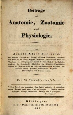 Beiträge zur Anatomie, Zootomie und Physiologie