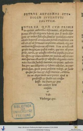 Petrus Artopæus Studiosæ Iuventuti Salutem