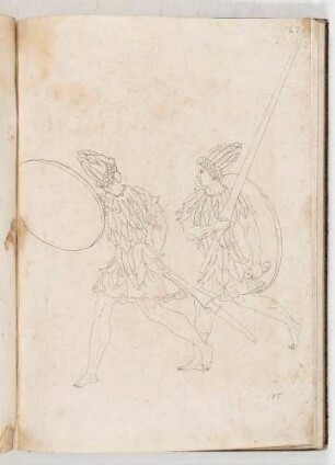 Zwei Knappen mit Schilden und Lanzen, in einem Band mit Antikischen Figurinen und Pferdedekorationen, Bl. 27