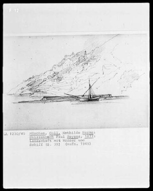 Skizzenbuch — Landschaft mit Wasser und einem vor Anker liegenden Segelboot