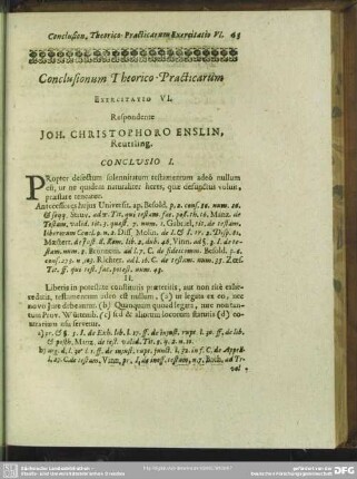 Exercitatio VI. Respondente Joh. Christophoro Enslin, Reuttling.