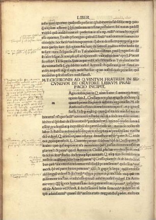 LIBER SECVNDVS. M. T. CICERONIS AD QVINTVM FRATREM IN SECVNDVM DE ORATORE LIBRVM PRAE FACIO INCIPIT.