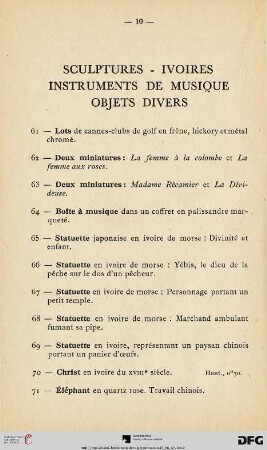 Sculptures-Ivoires Instruments De Musique Objets Divers (Nr. 61-95)