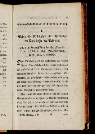 I. Sokratische Philosophie, oder, Geschichte der Philosophie des Sokrates.