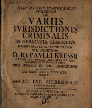 Diss. inaug. iur. de variis iurisdictionis criminalis in Germania generibus