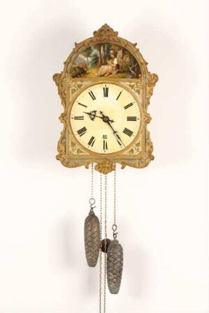 Wanduhr mit bemaltem Schild, Werk: Uhrmacherschule Furtwangen, Schild: Dold & Hettich, Furtwangen, 1862