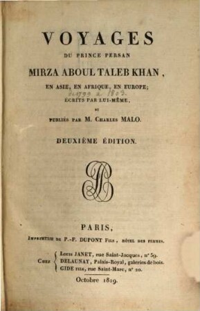 Voyages du prince persan Mirza Aboul Taleb Khan, en Asie, en Afrique, en Europe