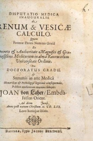 Disputatio medica inauguralis De renum & vesicæ calculo : Quam ... pro doctoratus gradu ...