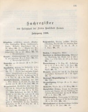 Sachregister zum Gesetzblatt der Freien Hansestadt Bremen Jahrgang 1896