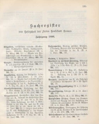 Sachregister zum Gesetzblatt der Freien Hansestadt Bremen Jahrgang 1896