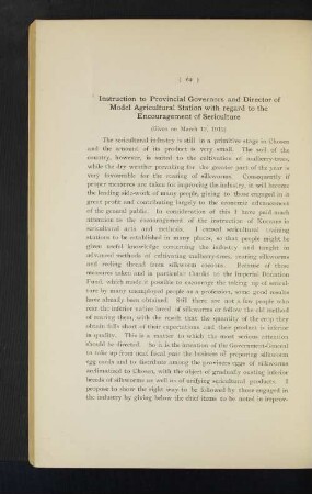 Instruction to Provincial Governors and Director of Model Agricultural Station with regard to the Encouragement of Sericulture