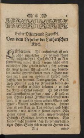 Erster Discurs und Zweiffel. Von dem Urheber der Lutherischen Kirch