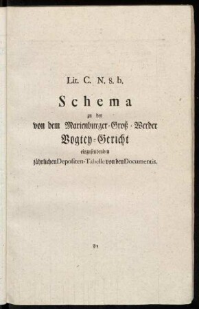 Lit. C. No. 8.b. Schema zu der von dem Marienburger-Groß-Werder Vogtey-Gericht einzusendenden jährlichen Depositen-Tabelle von den Documentis