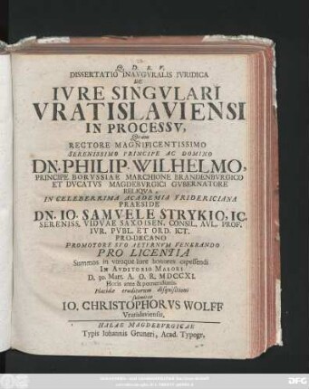 Dissertatio Inavgvralis Ivridica De Ivre Singvlari Vratislaviensi In Processv