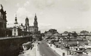 Terrassenufer mit Dampferanlegestelle : Dresden, Blick von der Brühlschen Terrasse über das Terrassenufer mit Dampferanlegestelle nach Westen