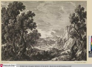 [Waldlandschaft mit Bergen und Wanderern]