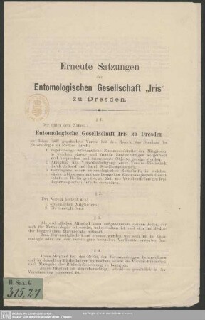 Erneute Satzungen der Entomologischen Gesellschaft "Iris" zu Dresden