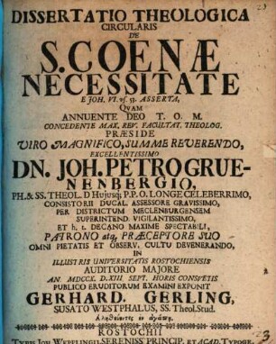 Diss. theol. circularis de s. coenae necessitate, e Joh. VI. vs. 53. asserta