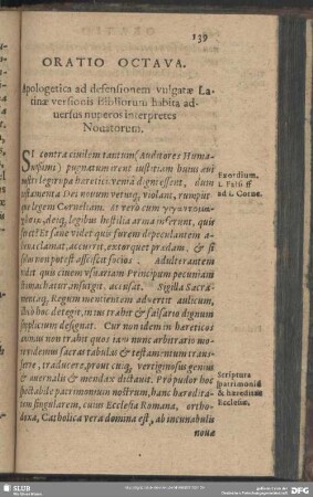 Oratio Octava. Apologetica ad defensionem vulgatae Latinaeversionis Bibliorum habita adversus nuperos interpretes Novatorum