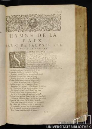 Hymne De La Paix. Par G. De Saluste Seigneur Du Bartas.