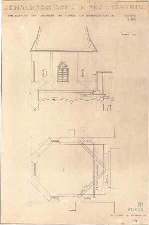 Fischer, Theodor; Brackenheim; Johanneskirche, Renovierung - Erneuerung der Westseite des Turmes (Grundriss, Schnitt)