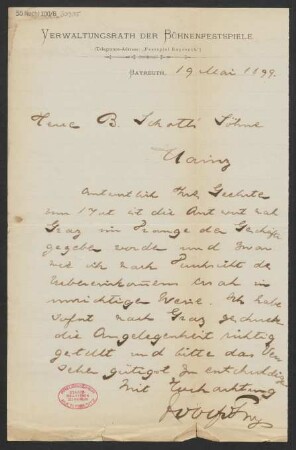 Brief an B. Schott's Söhne : 19.05.1899