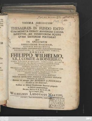 Thema Juridicum An Thesaurus In Fundo Emto Cum Moneta Viginti Annorum Excusa Inventus, Ad Venditorem Potius Quam Emtorem Pertineat