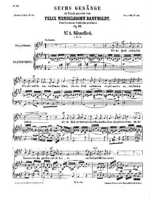 Felix Mendelssohn-Bartholdys Werke, 19,145. Nr. 145, Sechs Gesänge : op. 47. - 15 S. - Pl.-Nr. M.B.145