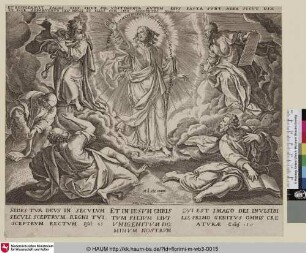 [ET IN IESVM CHRISTVM; Zum Thema der Transfiguration erscheint Christus mit wohlwollender Geste umringt von den erstaunten Aposteln.]