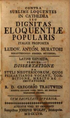 Contra Sublime Loquentes In Cathedra Seu Dignitas Eloquentiae Popularis