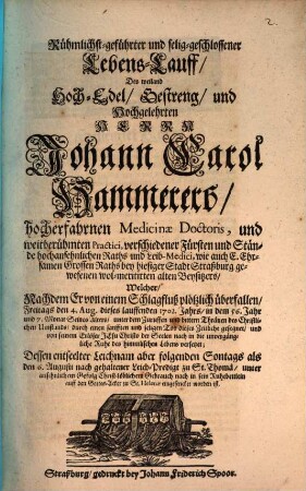 Rühmlichst geführter Lebenslauf Johann Carl Hammerers, Med. Doct. zu Straßburg