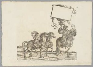 Conrad von der Rosen, Hofnarr, beritten und gefolgt von zwei wilden Pferden mit einem berittenen Jungen, Blatt 27 aus: Marx Treitzsaurwein, "Kaiser Maximilian I Triumph – le triomphe de l’Empereur Maximilien I en une suite de Cent trent cinq planches gravées en bois d’après les dessins de Hans Burgmair", Wien 1796
