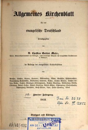 Allgemeines Kirchenblatt für das evangelische Deutschland : Amtsblatt des Deutschen Evangelischen Kirchenbundes. 2. 1853